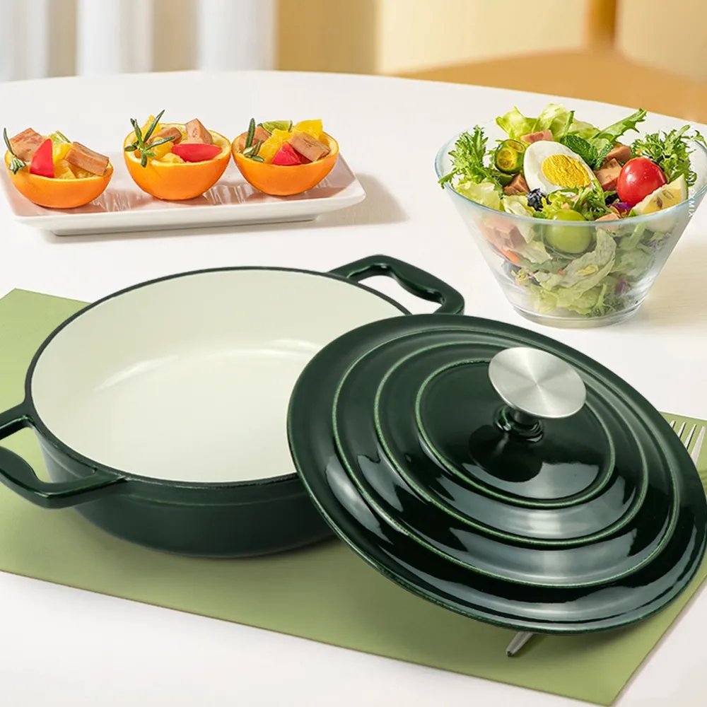Enamel cast iron steamer and flat pan with sealed lid, suitable for baking, stir-frying and deep-frying