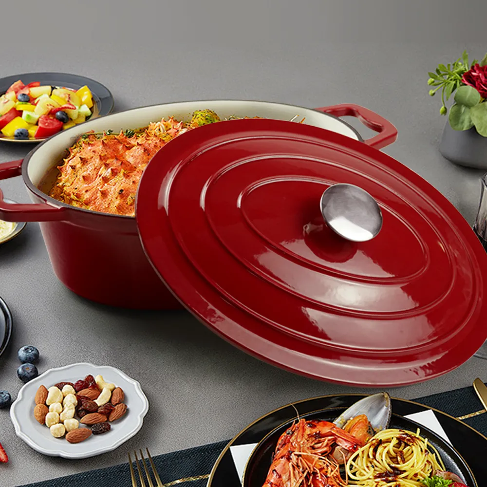 Kitchen utensils: Dutch oven, oval-shaped colored enamel cast iron pot