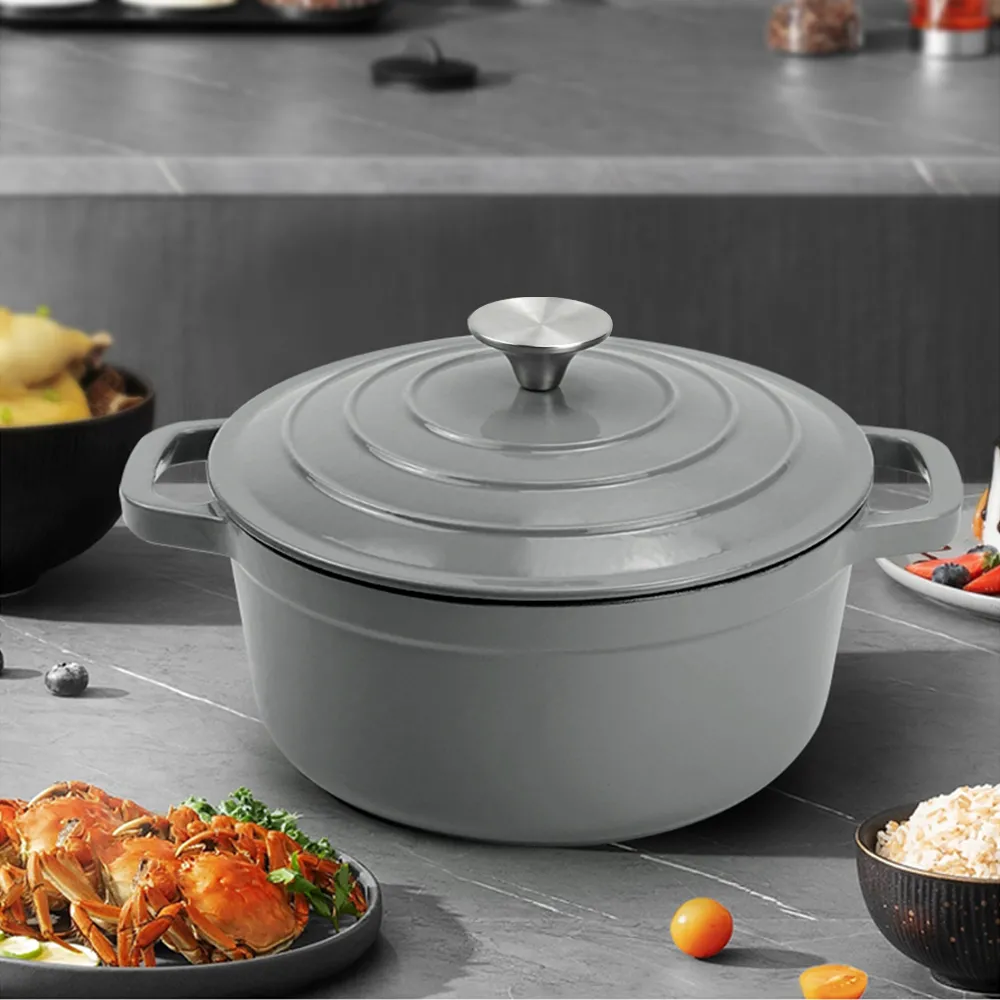 Enamel cast iron Dutch pot with lid kitchenware is suitable for stewing, baking and bread baking in gray