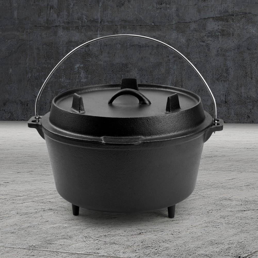 Outdoor 2-in-1 round cast iron pre-seasoned Dutch oven, cast iron barbecue pot, camping pot Dutch oven, cast iron camping oven
