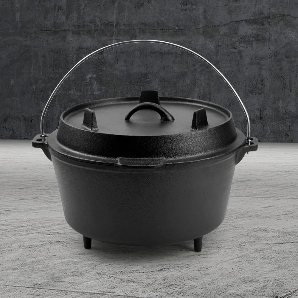 Outdoor 2-in-1 round cast iron pre-seasoned Dutch oven, cast iron barbecue pot, camping pot Dutch oven, cast iron camping oven