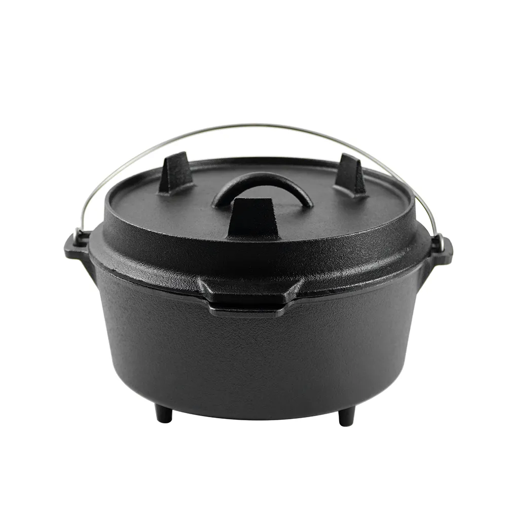Outdoor 2-in-1 round cast iron pre-seasoned Dutch oven, cast iron barbecue pot, camping pot Dutch oven, cast iron camping oven