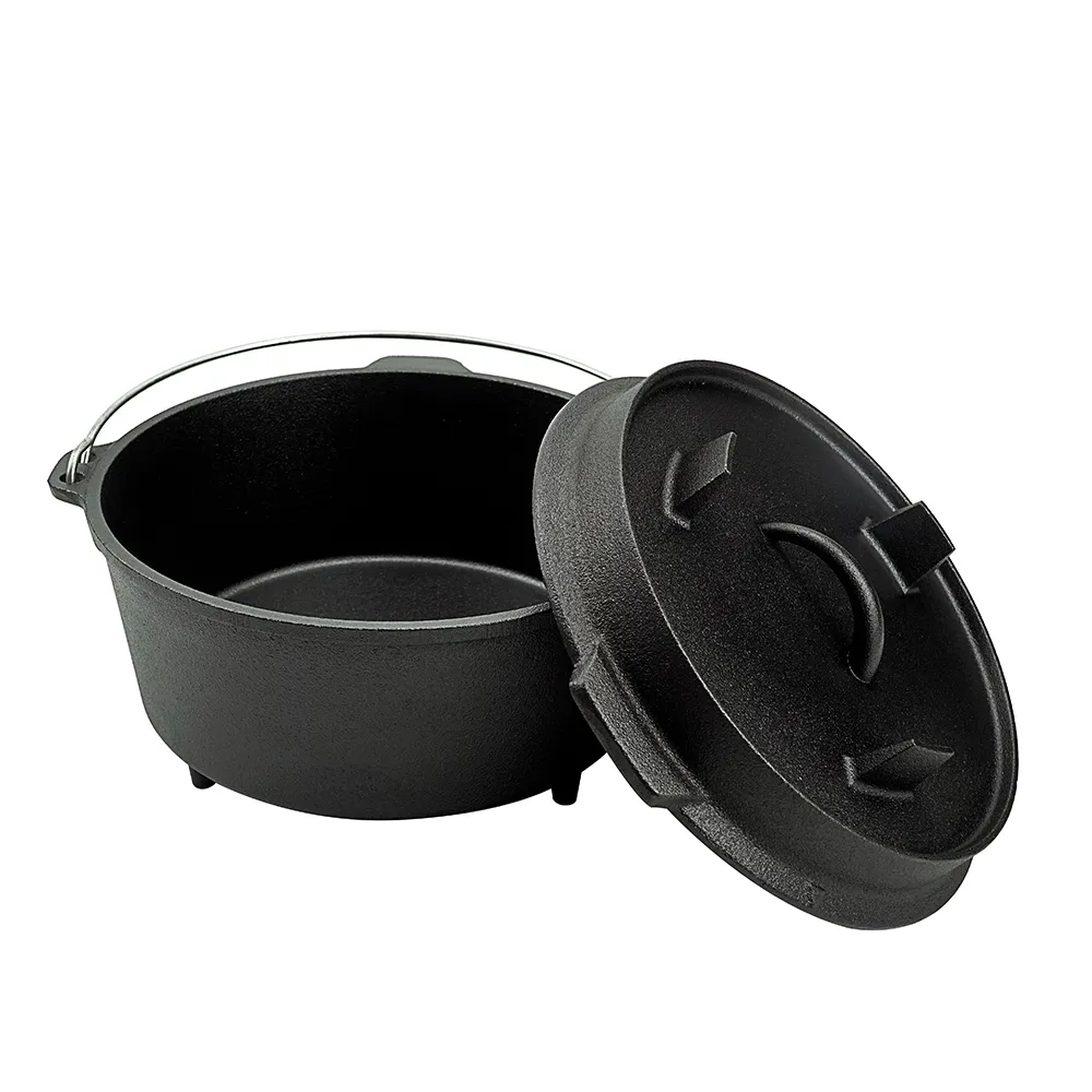 Outdoor 2-in-1 round cast iron pre-seasoned Dutch oven, cast iron barbecue pot, camping pot Dutch oven, cast iron camping oven