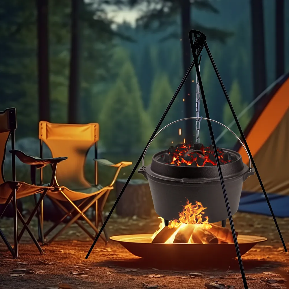Outdoor 2-in-1 round cast iron pre-seasoned Dutch oven, cast iron barbecue pot, camping pot Dutch oven, cast iron camping oven