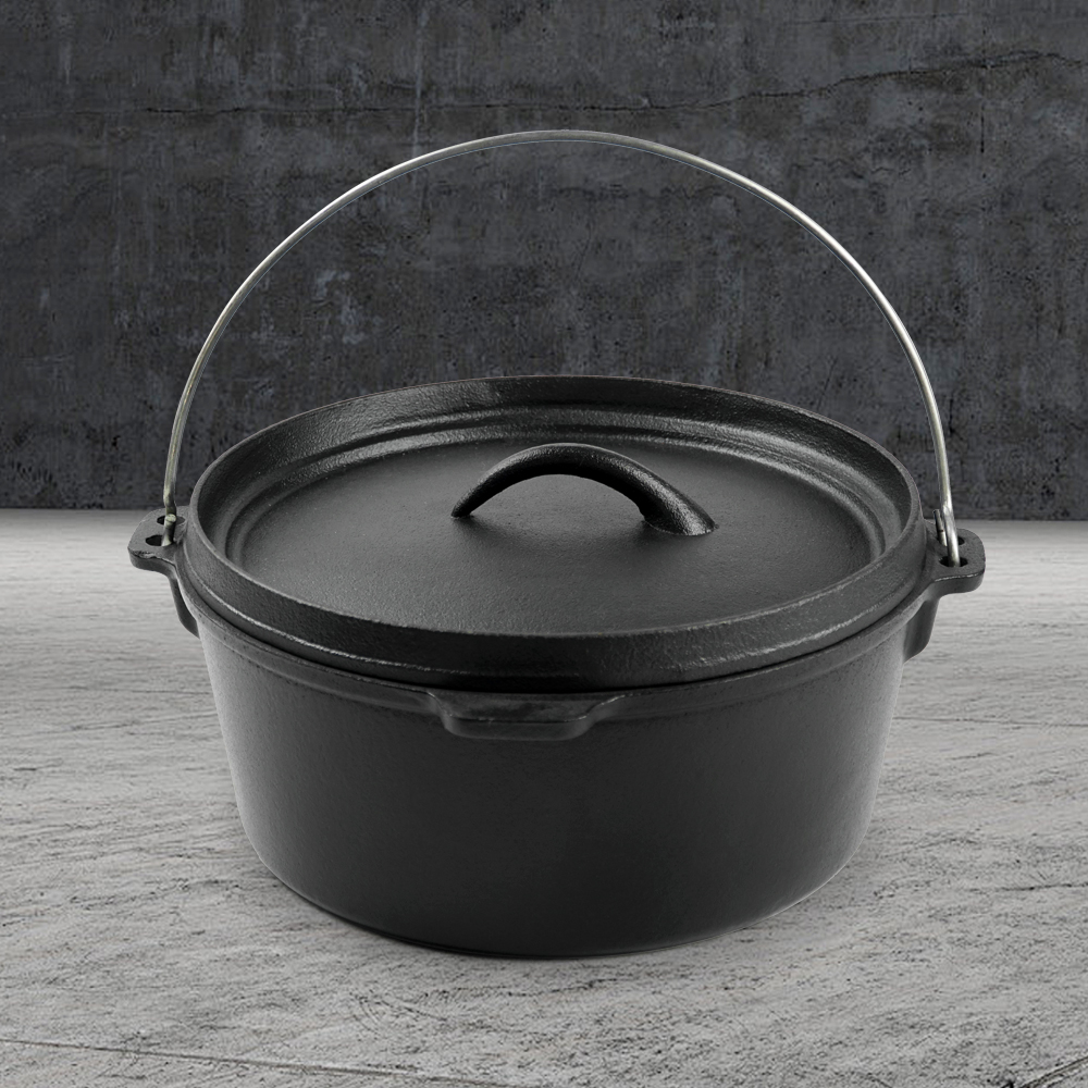 Camping Dutch pot, pre-treated cast iron camping Dutch pot with lid, suitable for ovens, stoves, barbecue grills or campfires - metal handle
