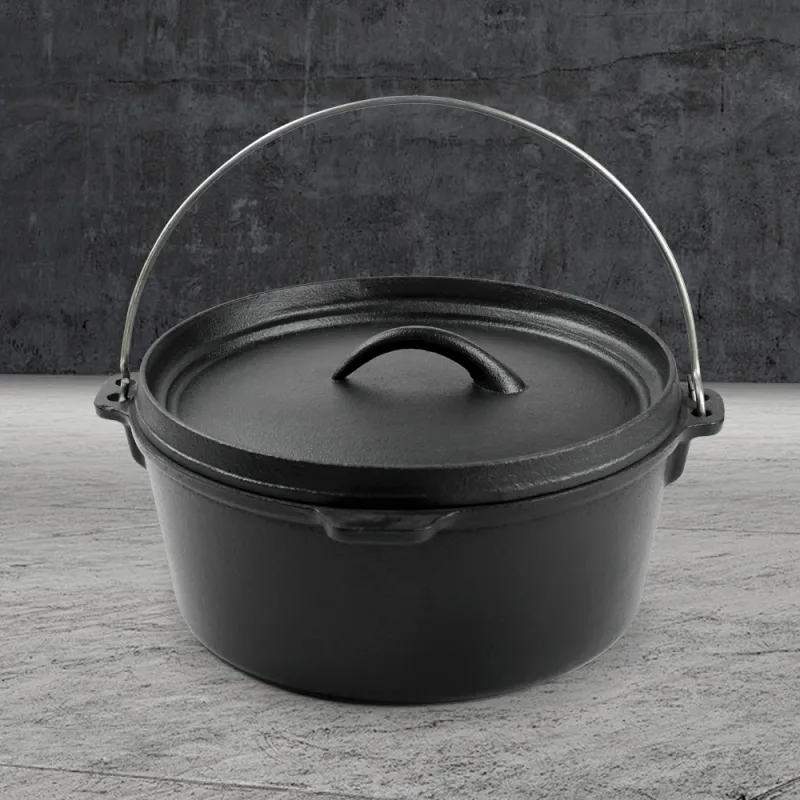 Camping Dutch pot, pre-treated cast iron camping Dutch pot with lid, suitable for ovens, stoves, barbecue grills or campfires - metal handle