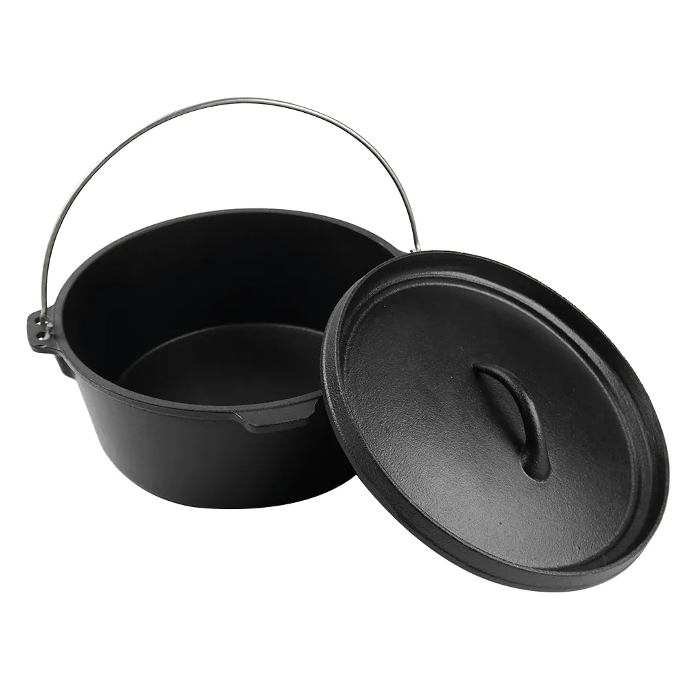 Camping Dutch pot, pre-treated cast iron camping Dutch pot with lid, suitable for ovens, stoves, barbecue grills or campfires - metal handle
