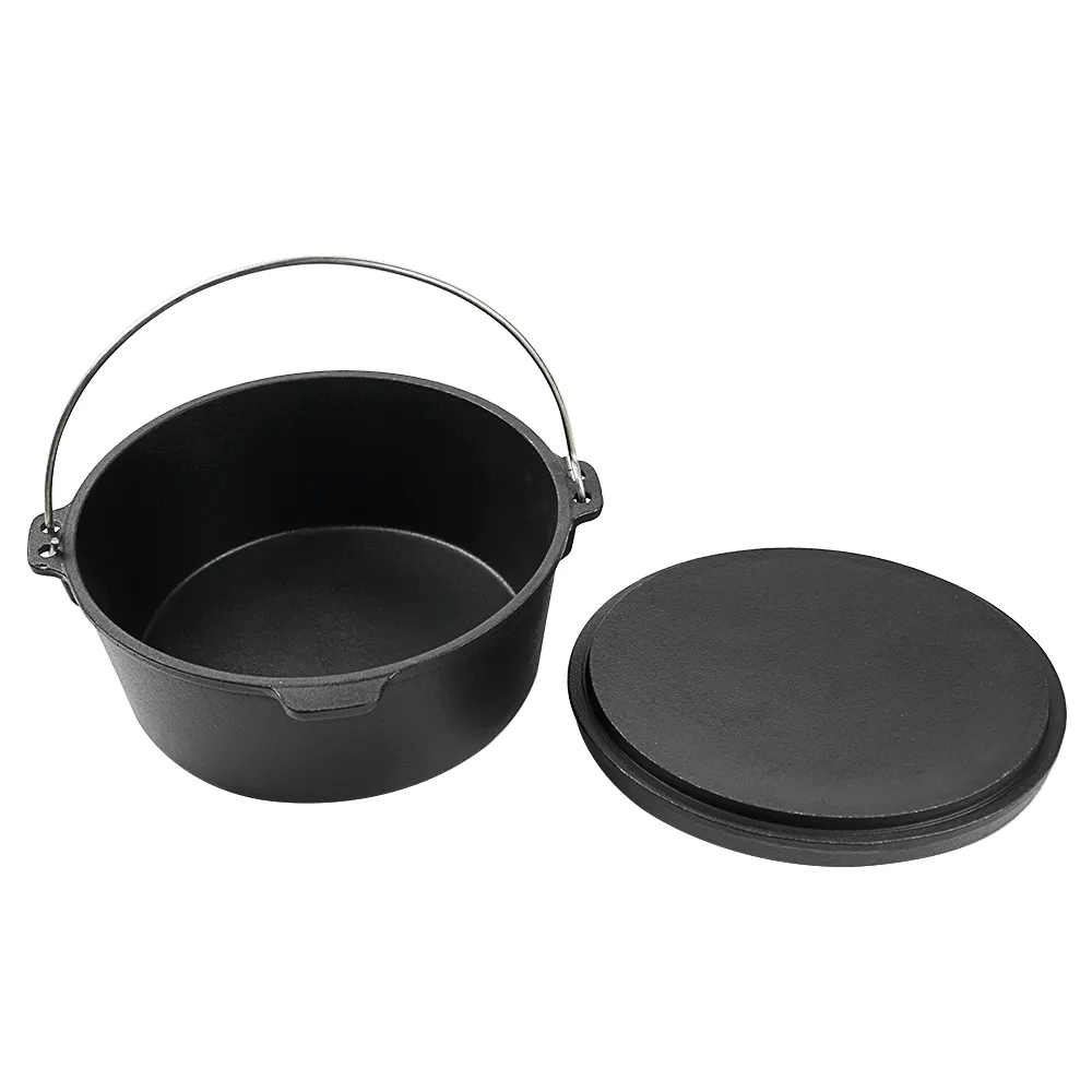 Camping Dutch pot, pre-treated cast iron camping Dutch pot with lid, suitable for ovens, stoves, barbecue grills or campfires - metal handle