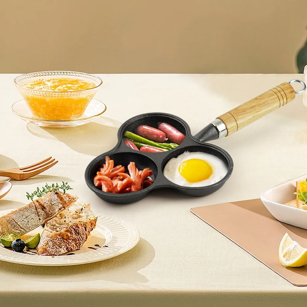 Non-stick frying pan,3 cups of cast-iron separated baking trays with wooden handles, breakfast egg frying pan