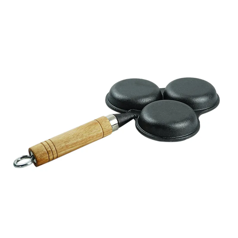 Non-stick frying pan,3 cups of cast-iron separated baking trays with wooden handles, breakfast egg frying pan