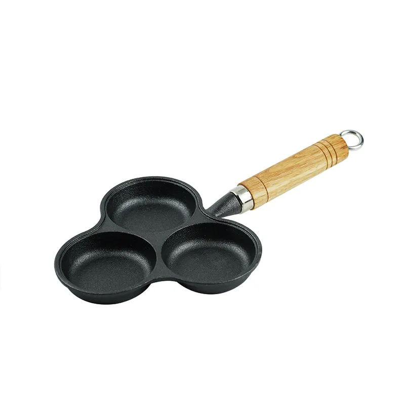 Non-stick frying pan,3 cups of cast-iron separated baking trays with wooden handles, breakfast egg frying pan