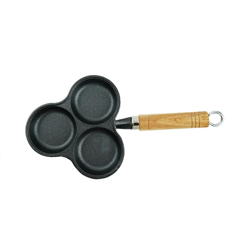 Non-stick frying pan,3 cups of cast-iron separated baking trays with wooden handles, breakfast egg frying pan