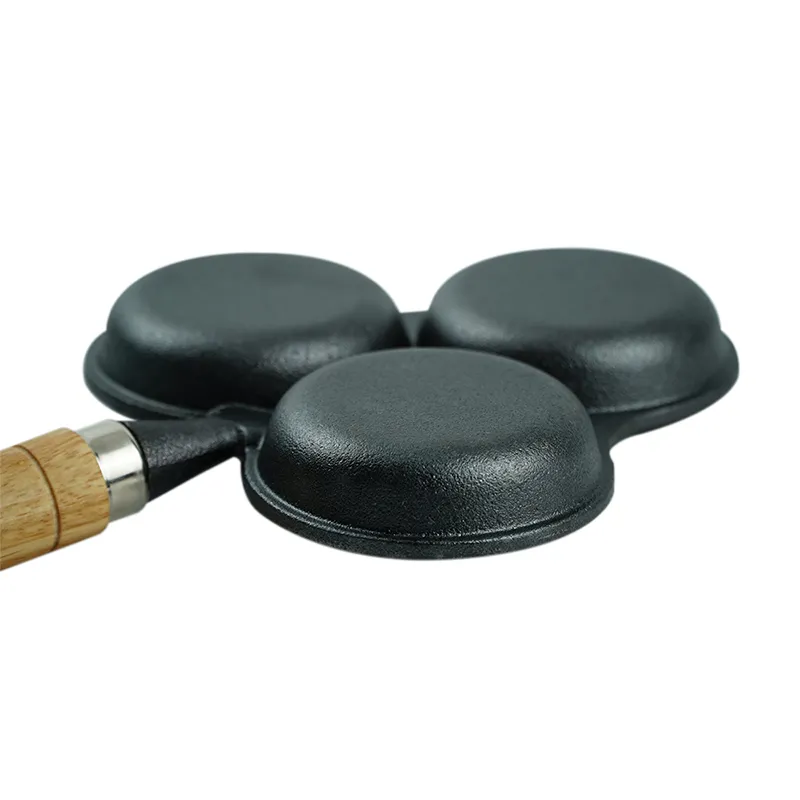 Non-stick frying pan,3 cups of cast-iron separated baking trays with wooden handles, breakfast egg frying pan