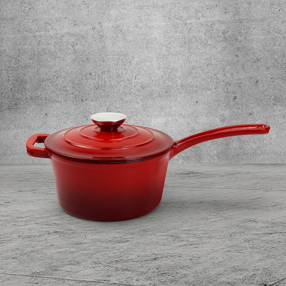 Enamel cast iron frying pan with lid for making pasta sauce, soup and milk