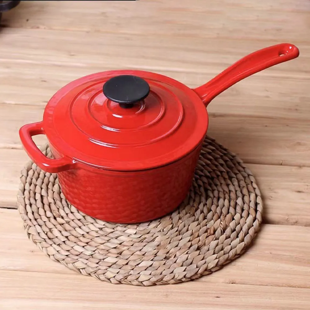 Enamel cast iron frying pan with lid for making pasta sauce, soup and milk