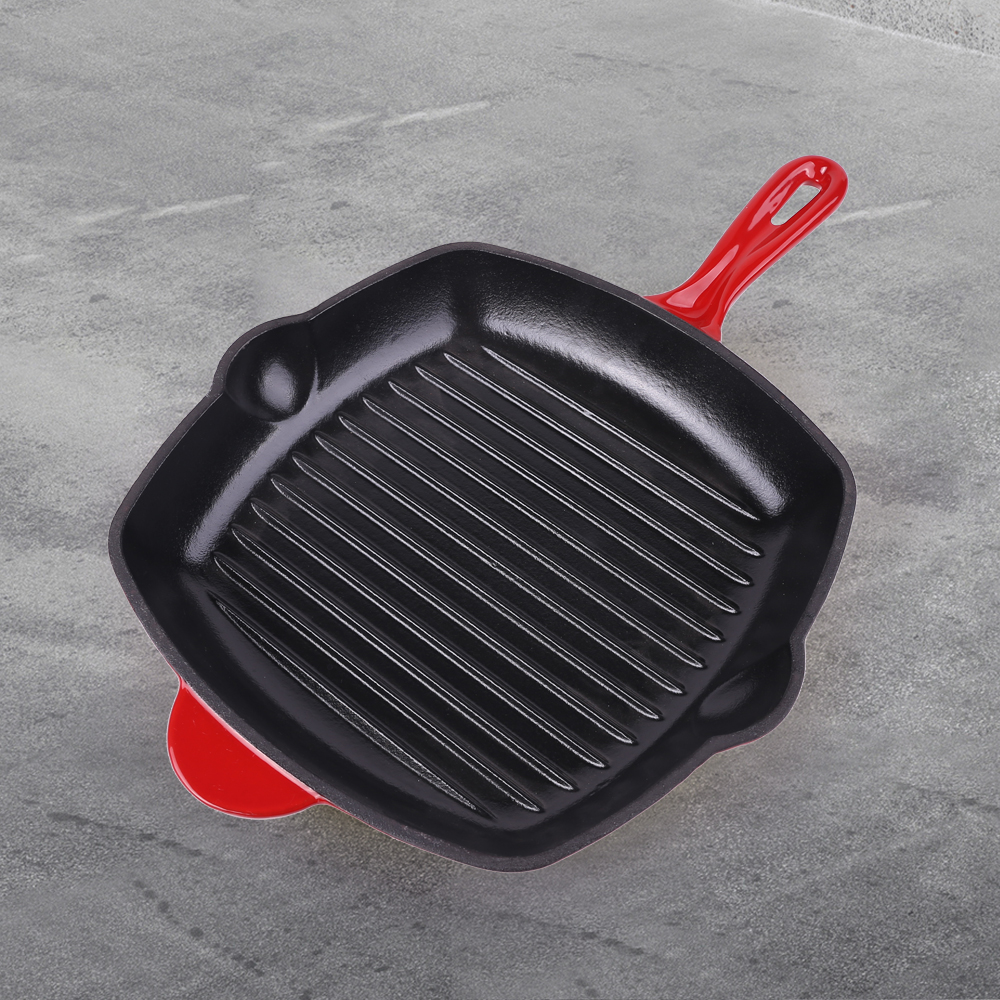 28cm with Handle Enamel Square Shape Cast Iron Grill Pan Wholesale Customized Kitchen Steak Cookware Cast Iron Grill Pan