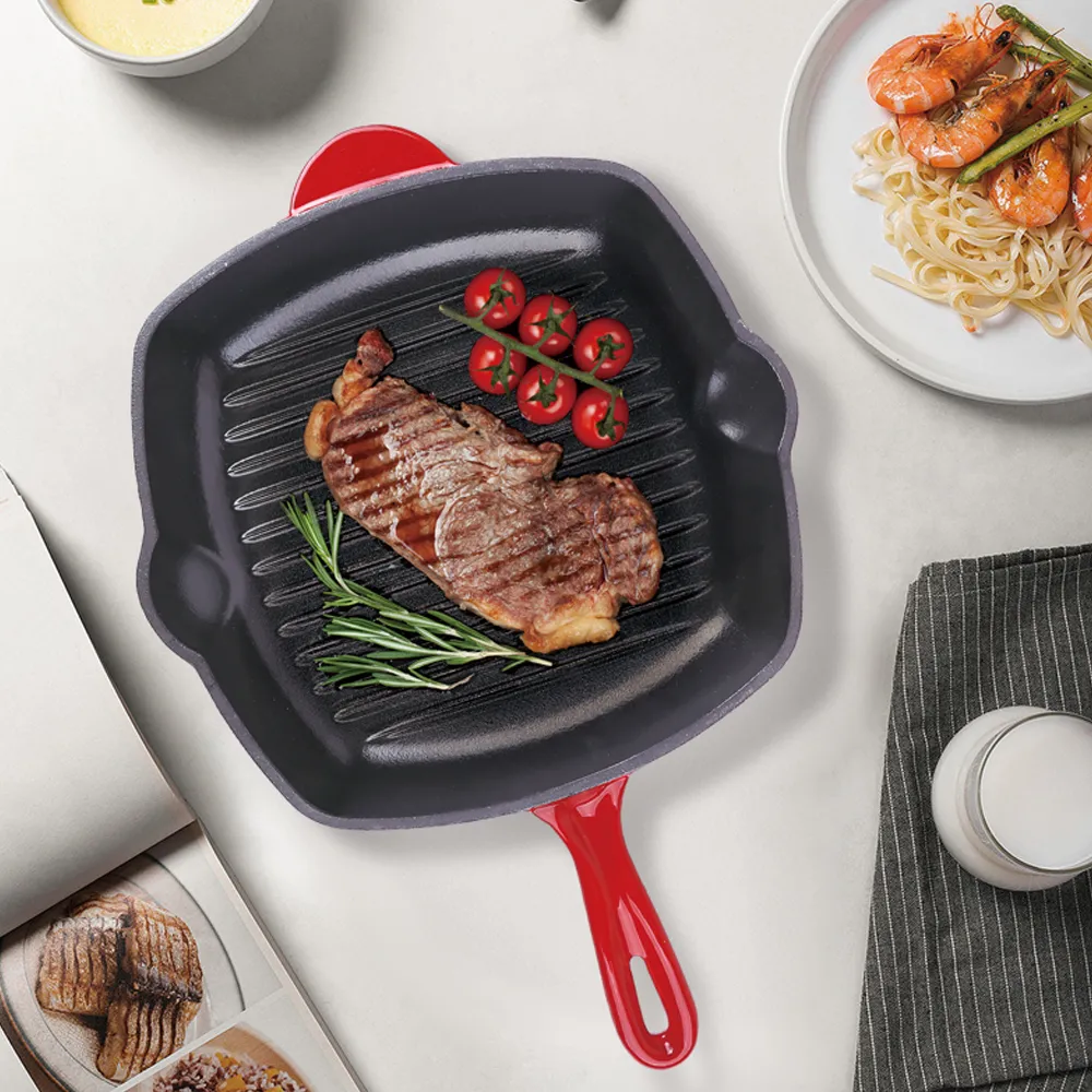 28cm with Handle Enamel Square Shape Cast Iron Grill Pan Wholesale Customized Kitchen Steak Cookware Cast Iron Grill Pan