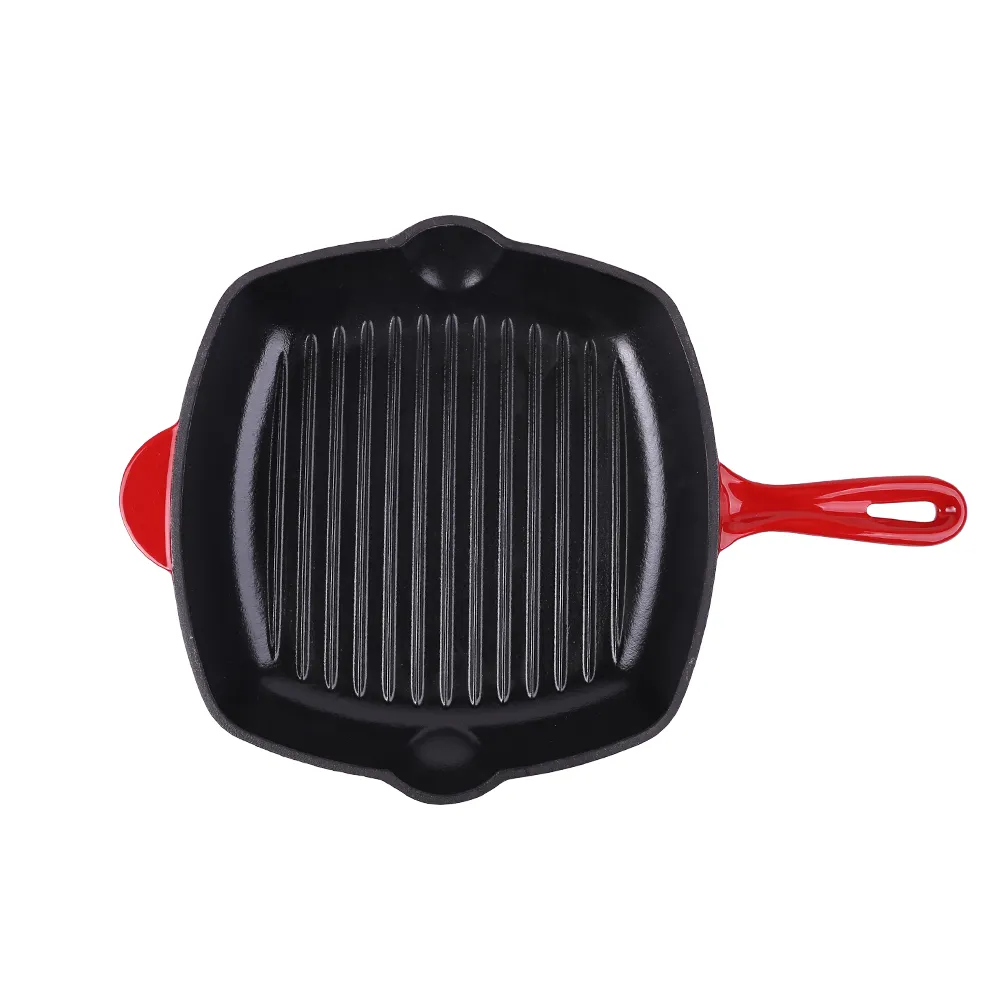 28cm with Handle Enamel Square Shape Cast Iron Grill Pan Wholesale Customized Kitchen Steak Cookware Cast Iron Grill Pan