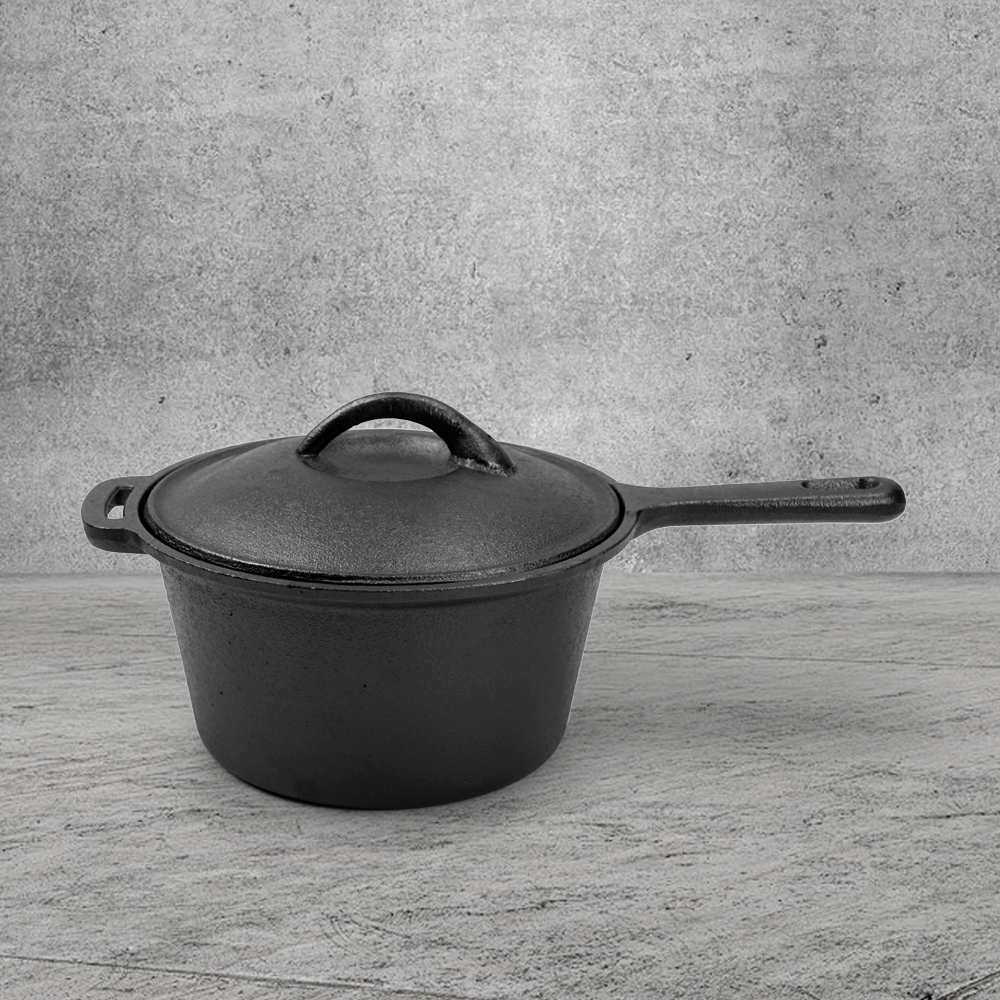 Cast iron stew pot, Dutch pot with lid and ring-shaped handle, camping cookware and flat pot suitable for both indoor and outdoor use