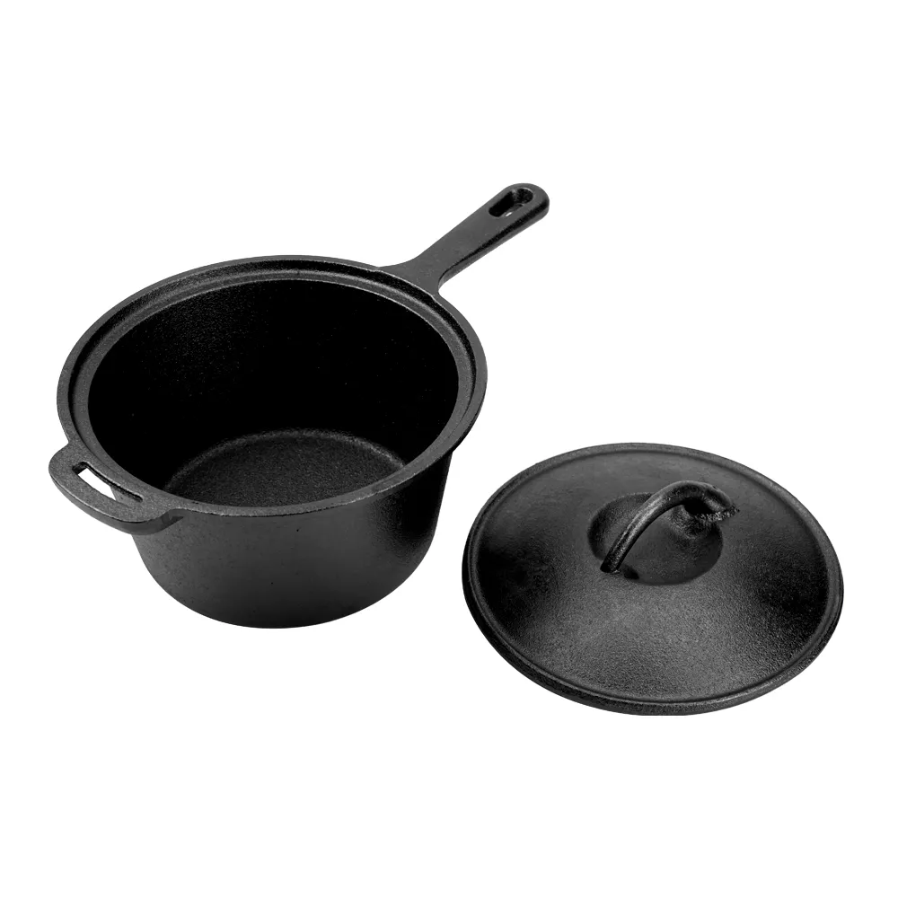 Cast iron stew pot, Dutch pot with lid and ring-shaped handle, camping cookware and flat pot suitable for both indoor and outdoor use