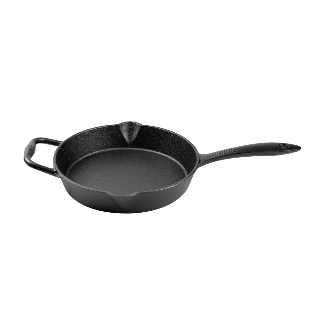 Cast iron frying pan with perforated handle,cast iron cookware with pouring port,convenient for indoor/outdoor use,stove/barbecue/oven/bonfire