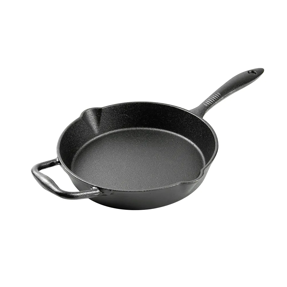 Cast iron frying pan with perforated handle,cast iron cookware with pouring port,convenient for indoor/outdoor use,stove/barbecue/oven/bonfire