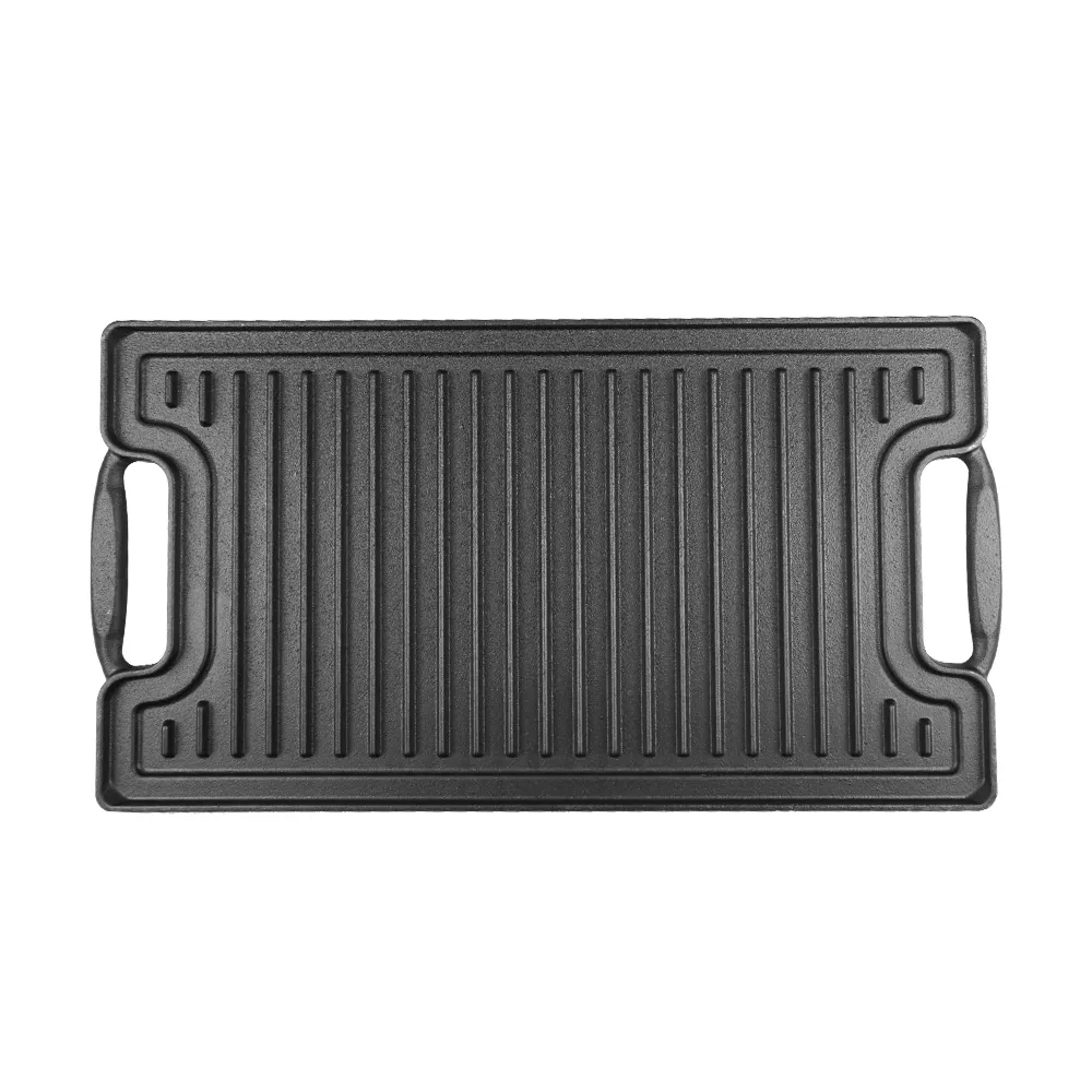Double-sided cast iron double-burner baking tray, multi-purpose pre-treated pancake pan with handle - suitable for most stoves, grills and fireplaces.