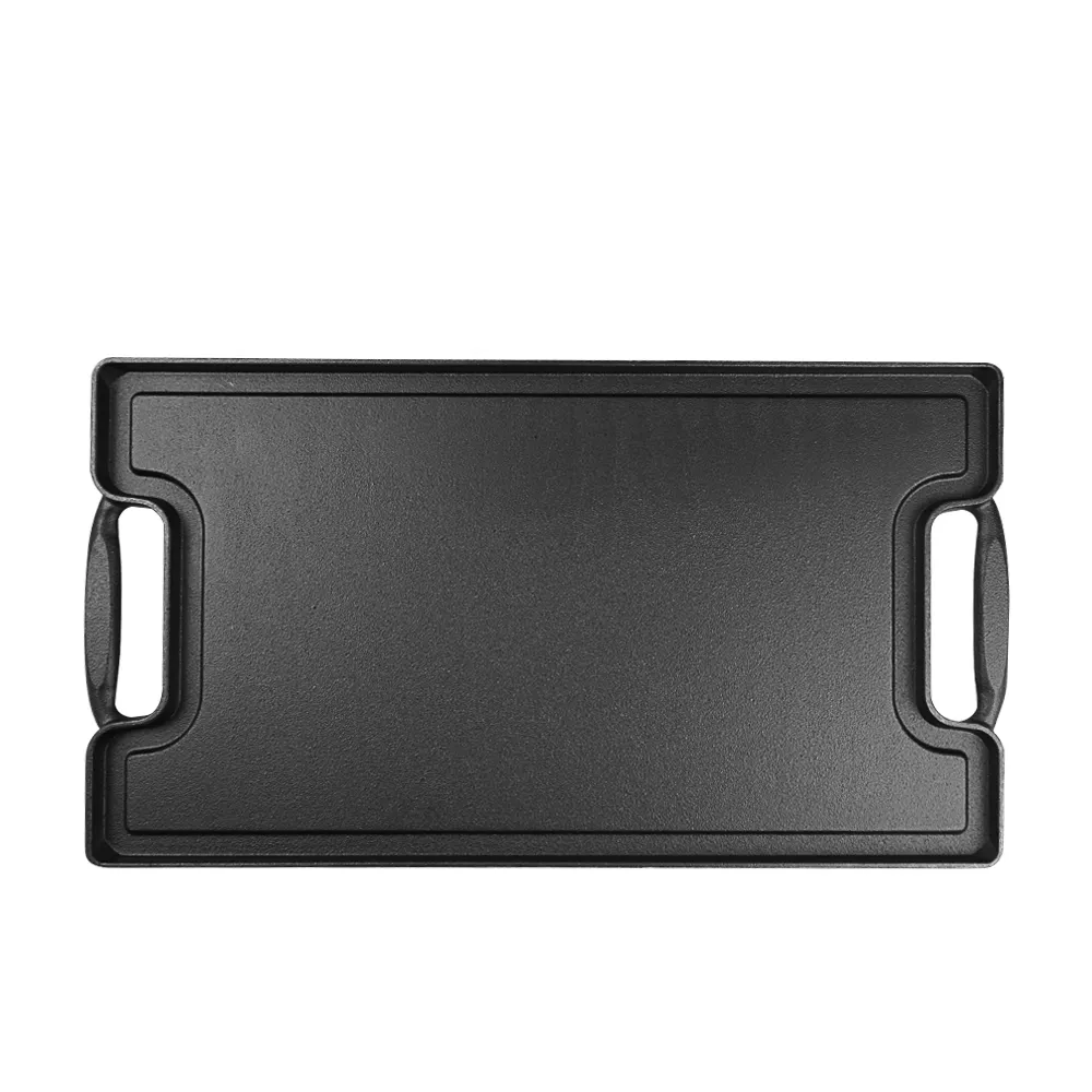 Double-sided cast iron double-burner baking tray, multi-purpose pre-treated pancake pan with handle - suitable for most stoves, grills and fireplaces.