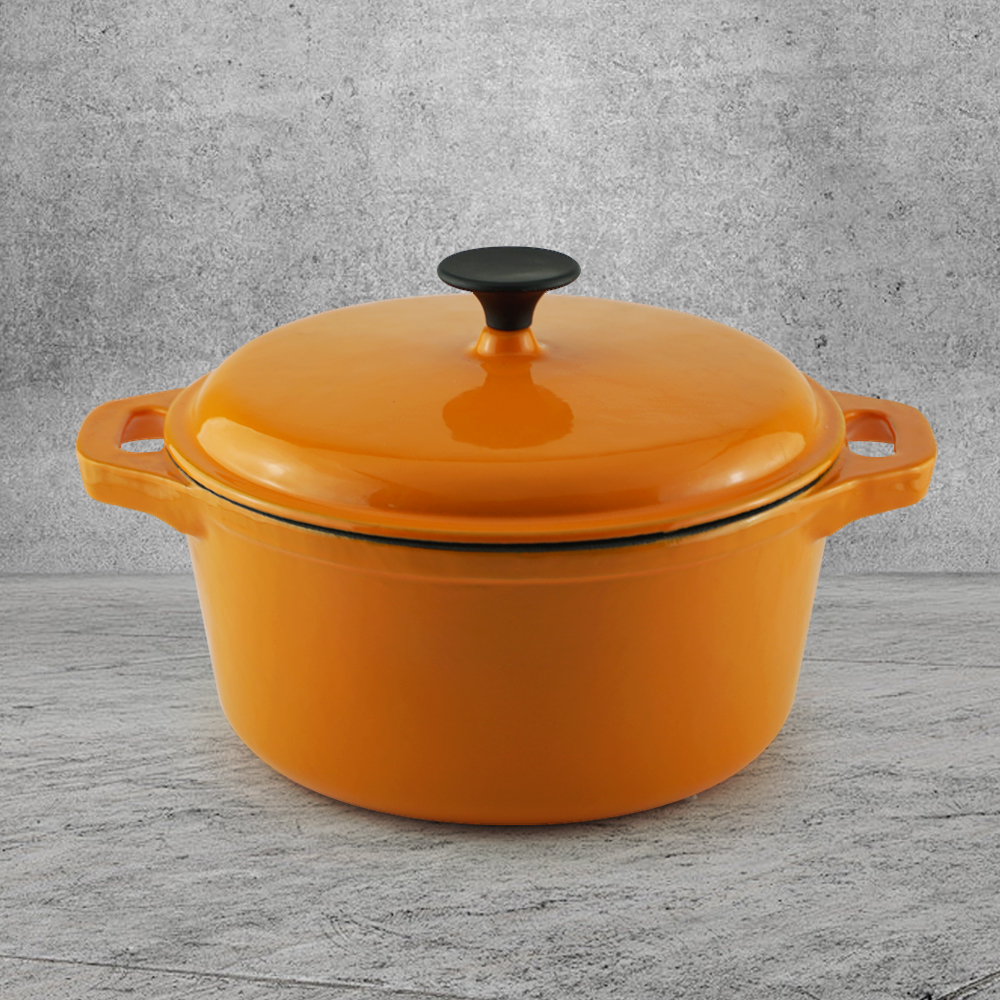Enamel cast iron Dutch pot with lid and double handles for cooking, baking and stewing. It is healthy and sturdy.