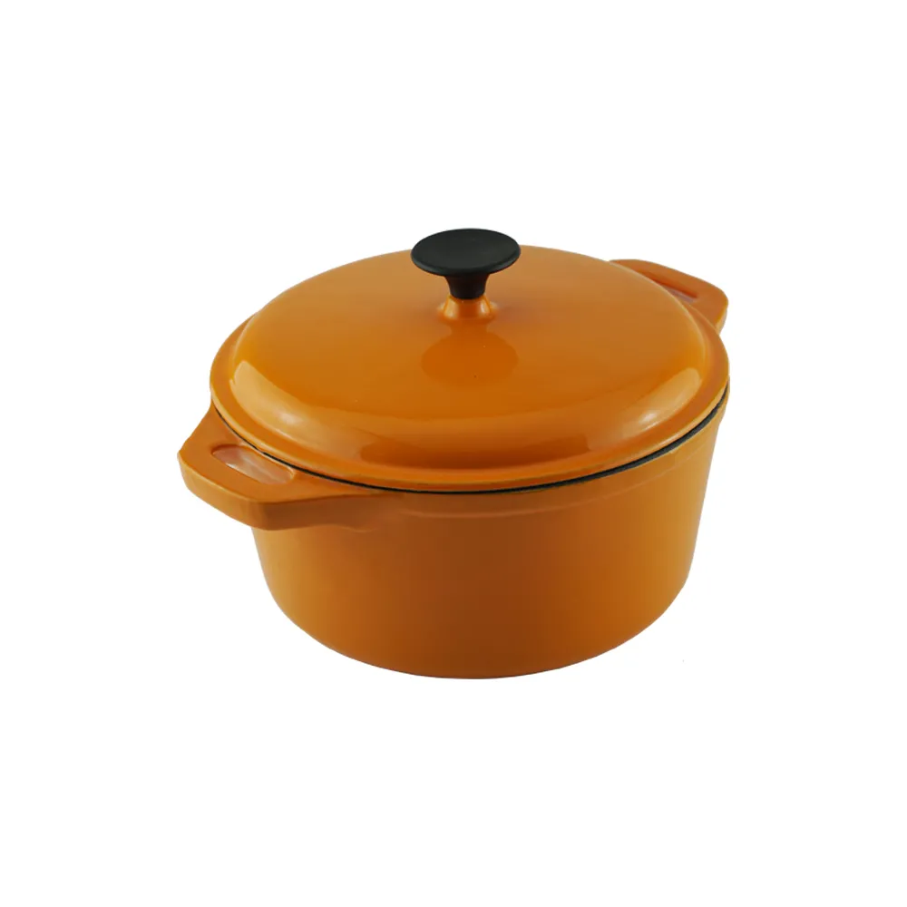 Enamel cast iron Dutch pot with lid and double handles for cooking, baking and stewing. It is healthy and sturdy.