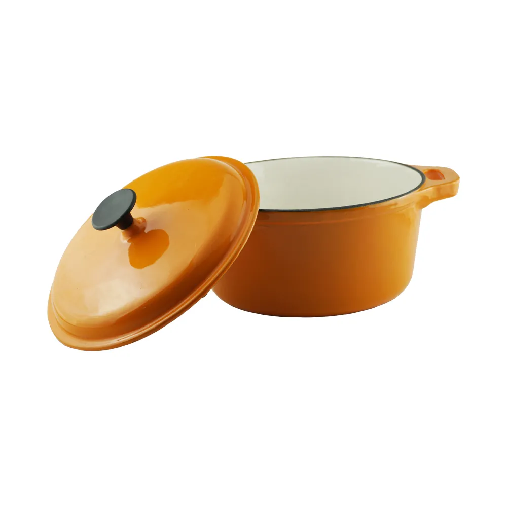 Enamel cast iron Dutch pot with lid and double handles for cooking, baking and stewing. It is healthy and sturdy.