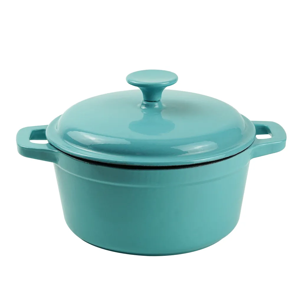 Enamel cast iron Dutch pot with lid and double handles for cooking, baking and stewing. It is healthy and sturdy.
