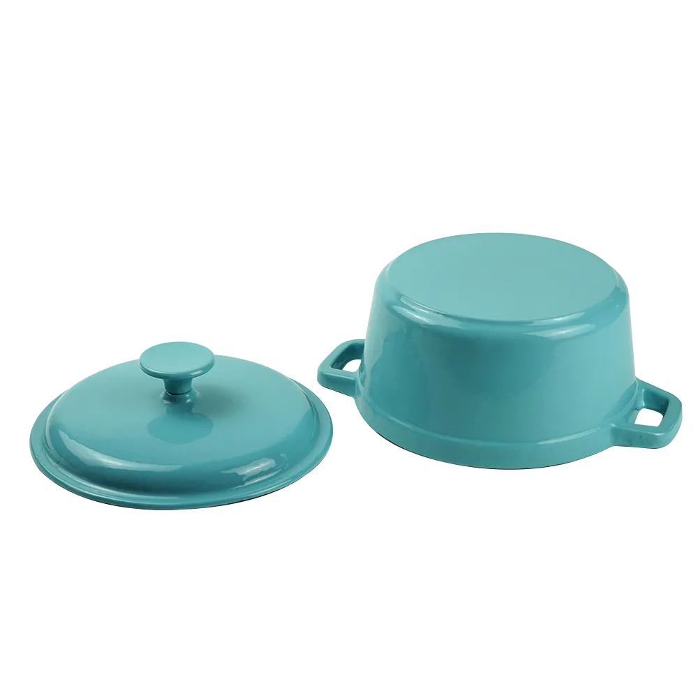 Enamel cast iron Dutch pot with lid and double handles for cooking, baking and stewing. It is healthy and sturdy.