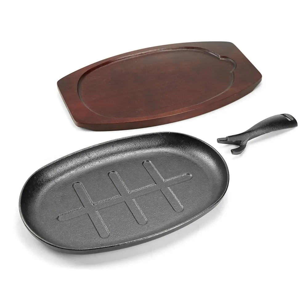 Cast iron frying pan set with wooden base, anti-scalding protection and detachable handle, suitable for restaurant kitchens, cooking accessories, barbecue parties