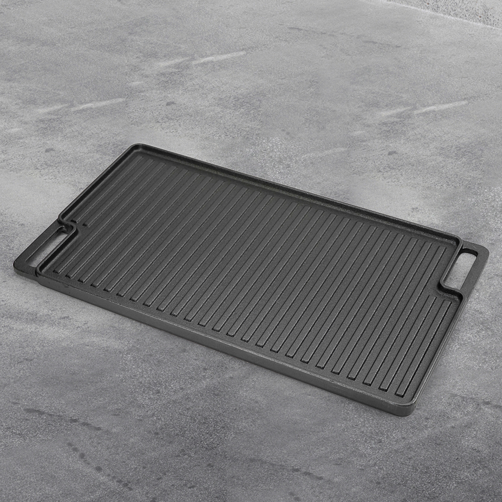 Double-sided cast iron grill/grill tray, pre-treated cooking surface - smooth and ribbed - suitable for stoves, barbecues or bonfires
