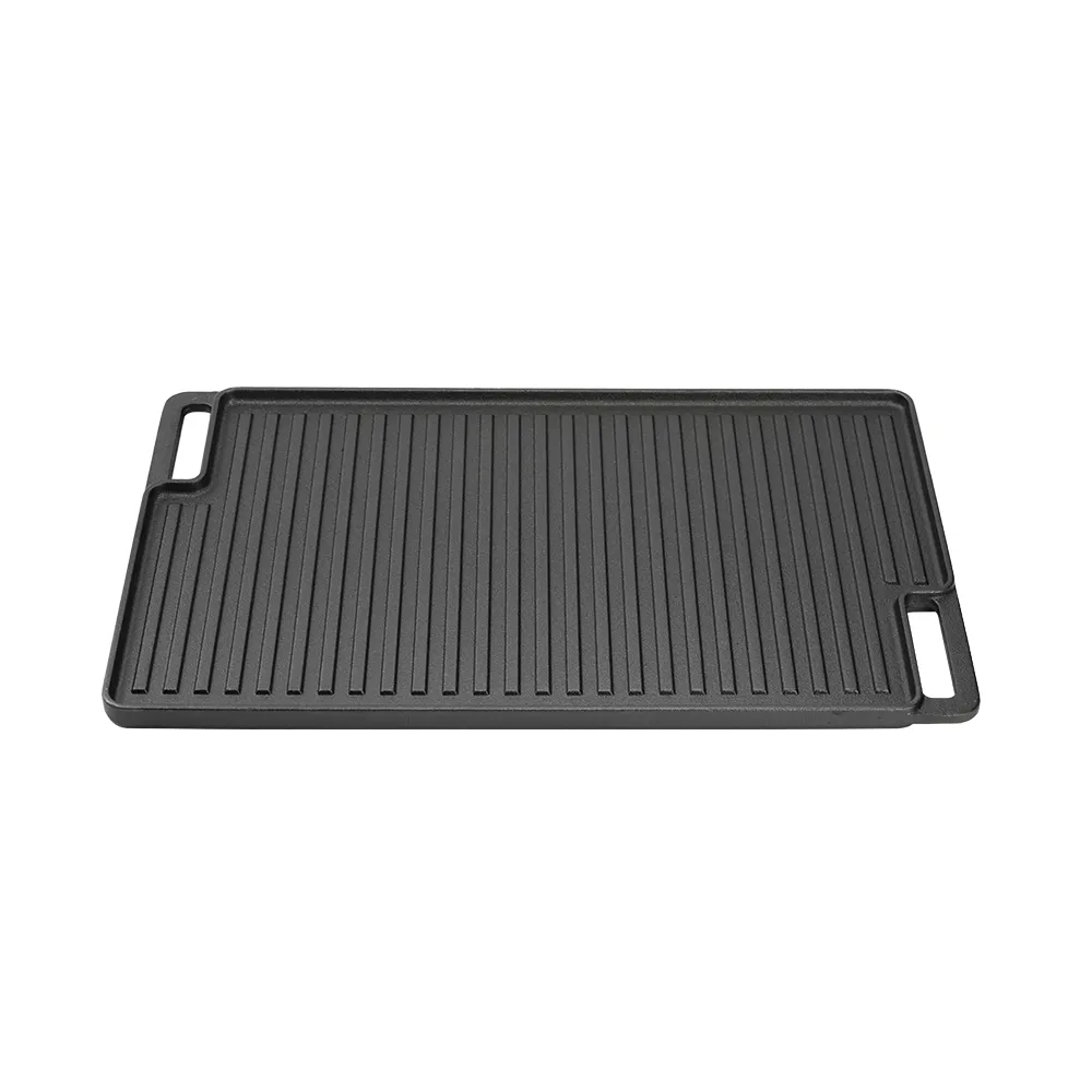 Double-sided cast iron grill/grill tray, pre-treated cooking surface - smooth and ribbed - suitable for stoves, barbecues or bonfires