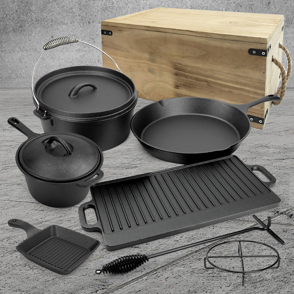 Camping cooking 7-piece set, pre-treated cast iron frying pan with lid, suitable for outdoor barbecues, cooking utensils and frying pan set