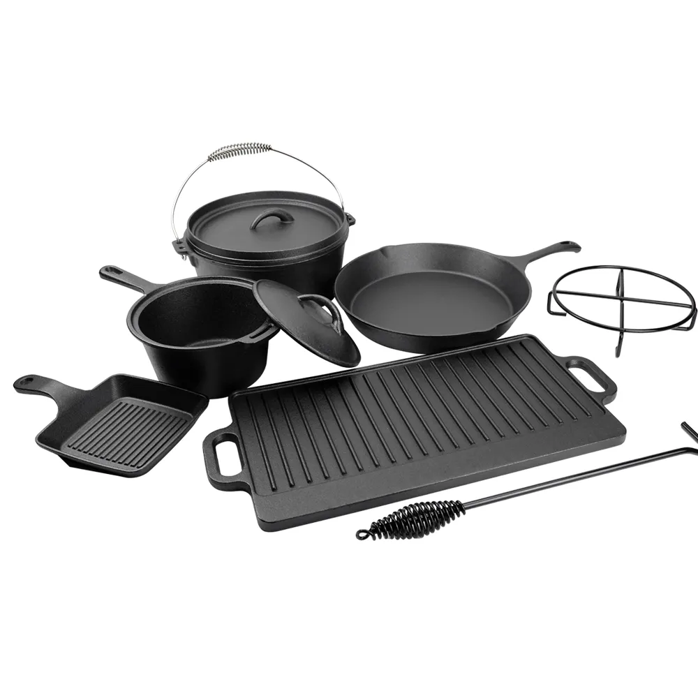 Camping cooking 7-piece set, pre-treated cast iron frying pan with lid, suitable for outdoor barbecues, cooking utensils and frying pan set