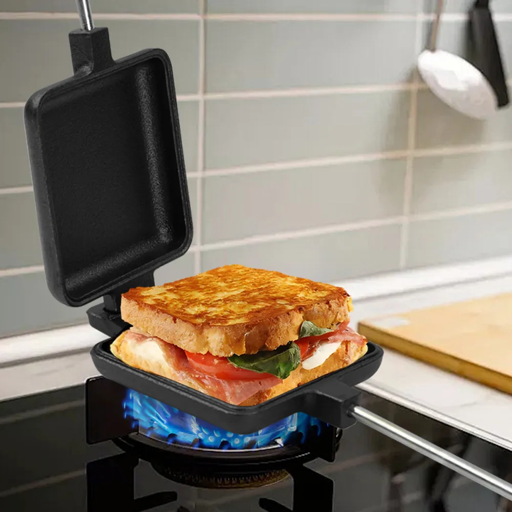 Cast iron rectangular pie machine, double-sided sandwich machine, baking tray with detachable handle, bonfire cooking