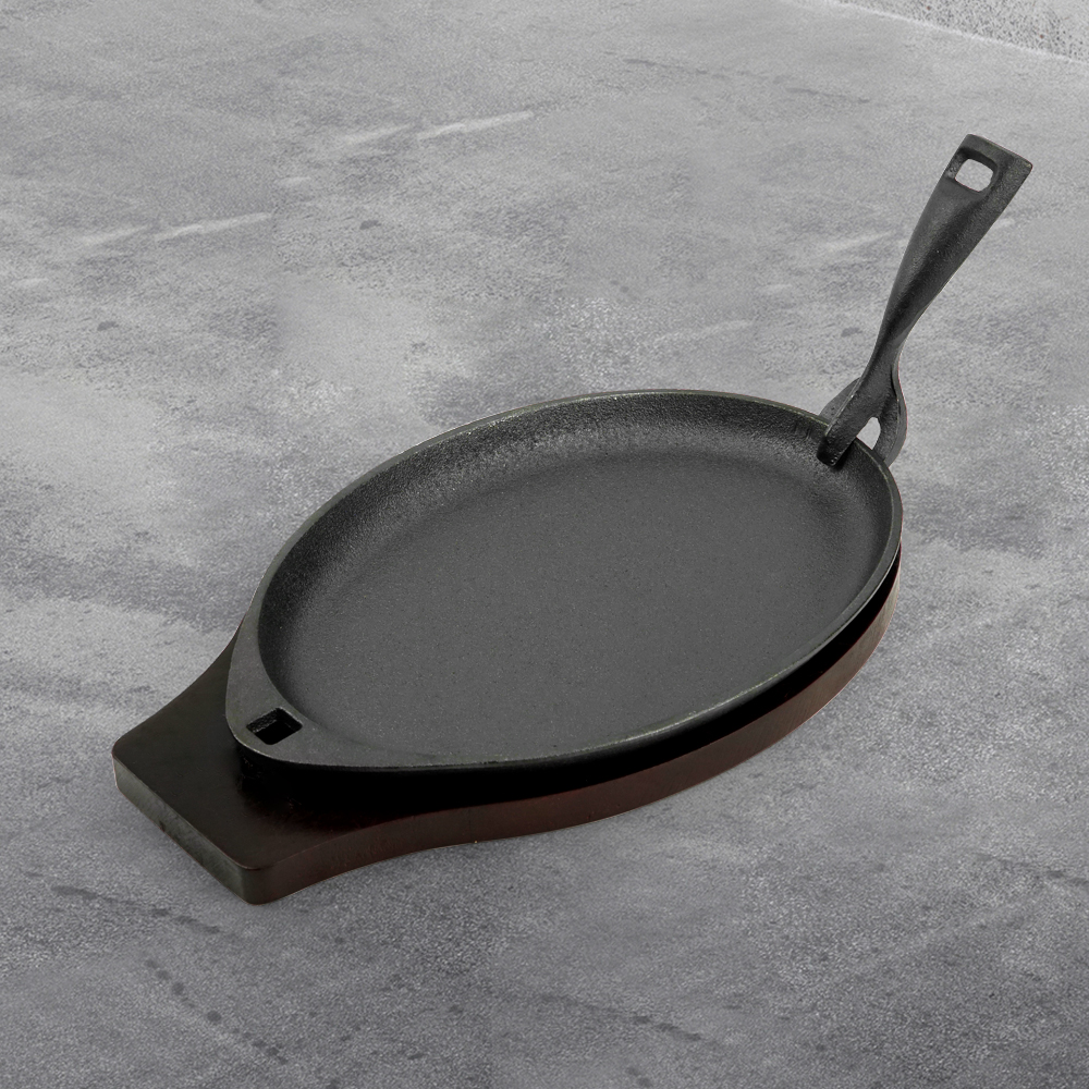 Cast iron Fajita plate set, steak plate hot pot with wooden base and gripper, suitable for home restaurant kitchen cooking