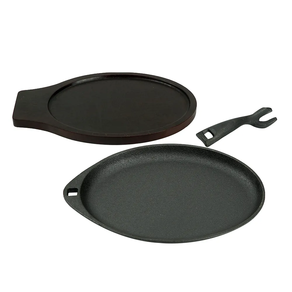 Cast iron Fajita plate set, steak plate hot pot with wooden base and gripper, suitable for home restaurant kitchen cooking