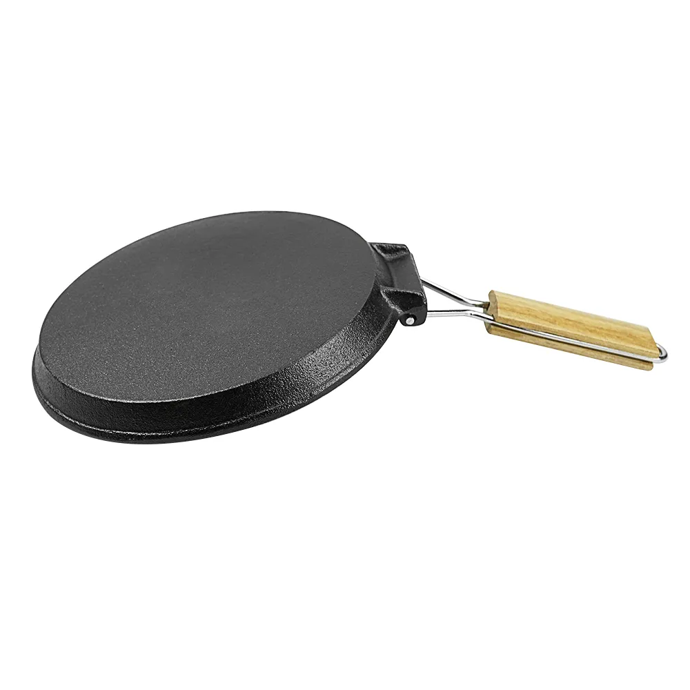 Round cast iron baking tray with folding handle, suitable for meat, fish and vegetables
