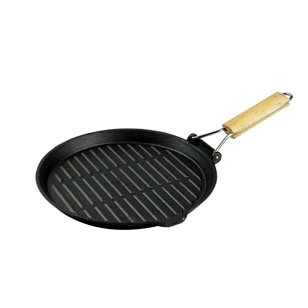 Round cast iron baking tray with folding handle, suitable for meat, fish and vegetables