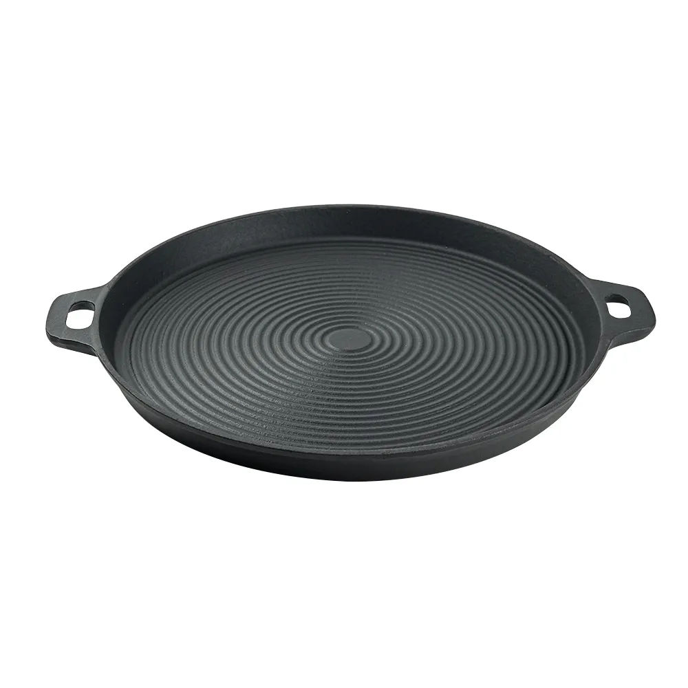 Cast iron baking tray, round cast iron frying pan, double-sided double-handle ribbed frying pan, outdoor cookware, cast iron grill
