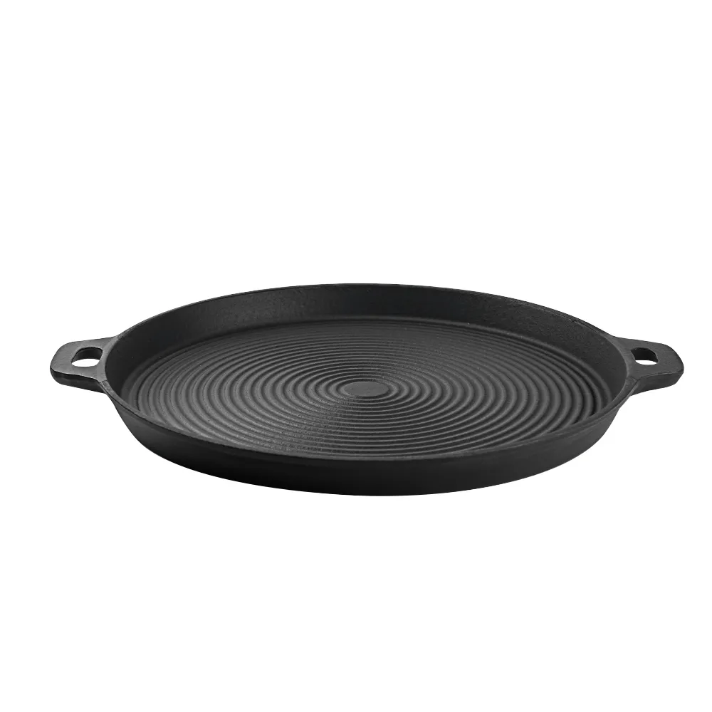 Cast iron baking tray, round cast iron frying pan, double-sided double-handle ribbed frying pan, outdoor cookware, cast iron grill