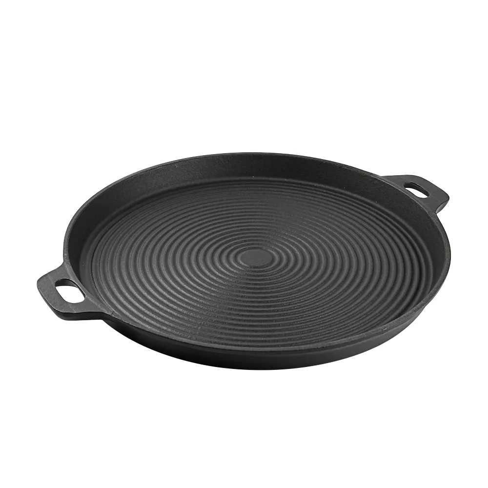 Cast iron baking tray, round cast iron frying pan, double-sided double-handle ribbed frying pan, outdoor cookware, cast iron grill