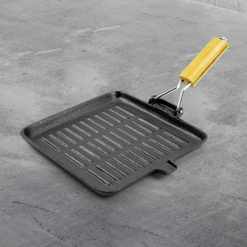 Pre-treated cast iron square baking pan, folding handle with split port, steak pan for steak and hamburgers