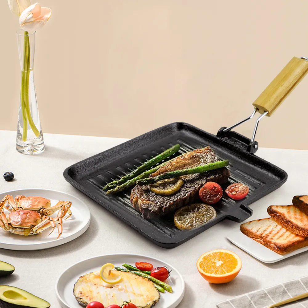 Pre-treated cast iron square baking pan, folding handle with split port, steak pan for steak and hamburgers