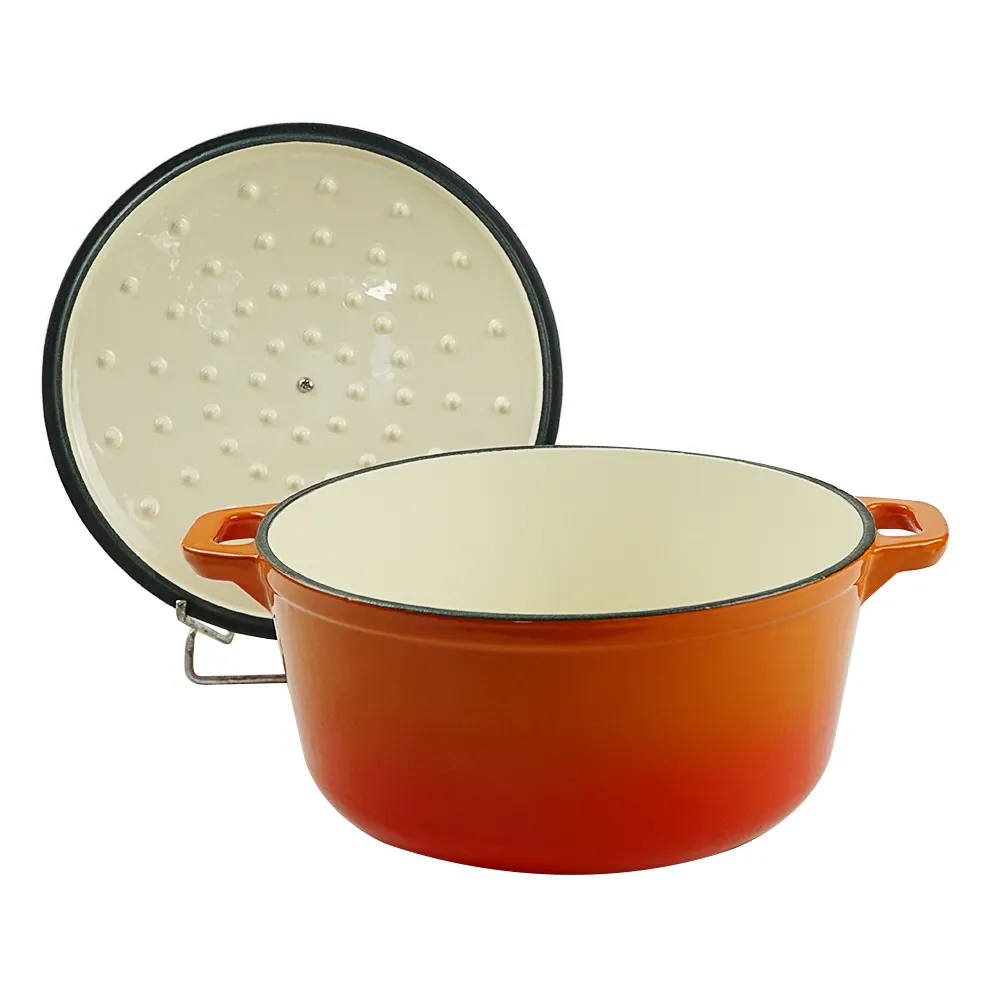 Enamel cast iron Dutch pot with lid and double handles, suitable for bread baking, stewing, and grilled meat