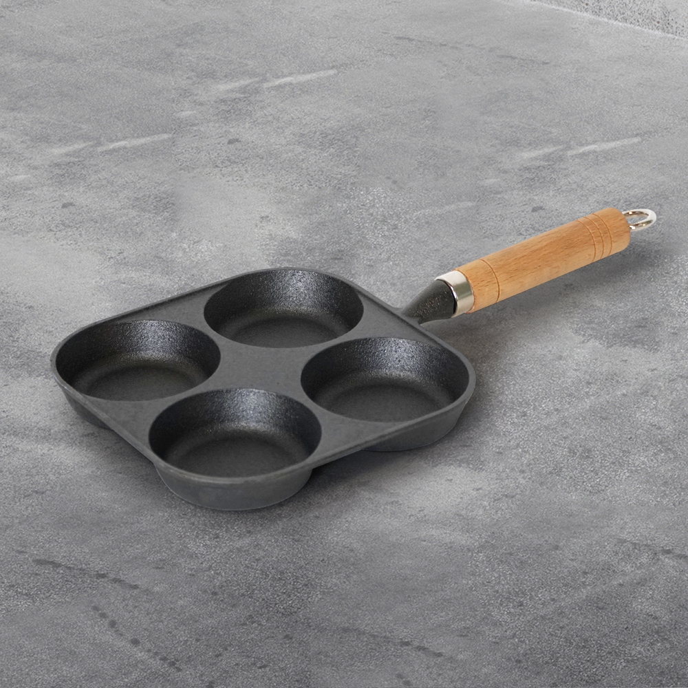 4-hole cast iron egg pan with a wooden handle, breakfast frying pan for eggs, steaks and hamburgers